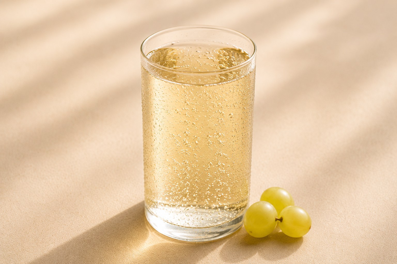 Sparkling clear white grape juice in a glass with grapes beside it.