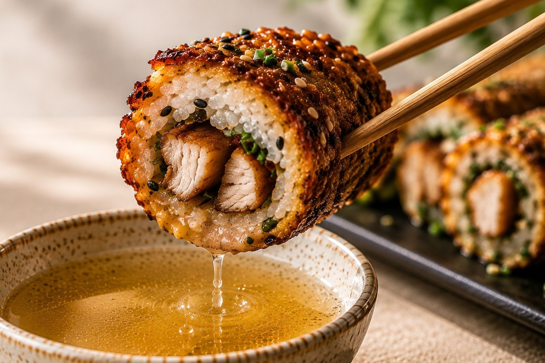 A Skin ’n Roll piece held by chopsticks being dipped into clear golden chicken dripping sauce.