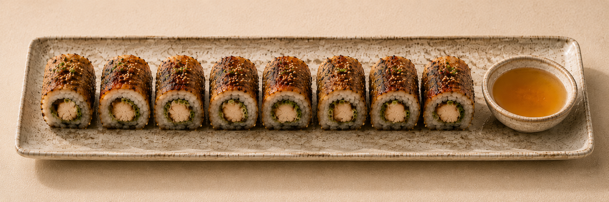 Eight pieces of Skin ’n Roll on a ceramic plate with a bowl of clear golden The Drip sauce.
